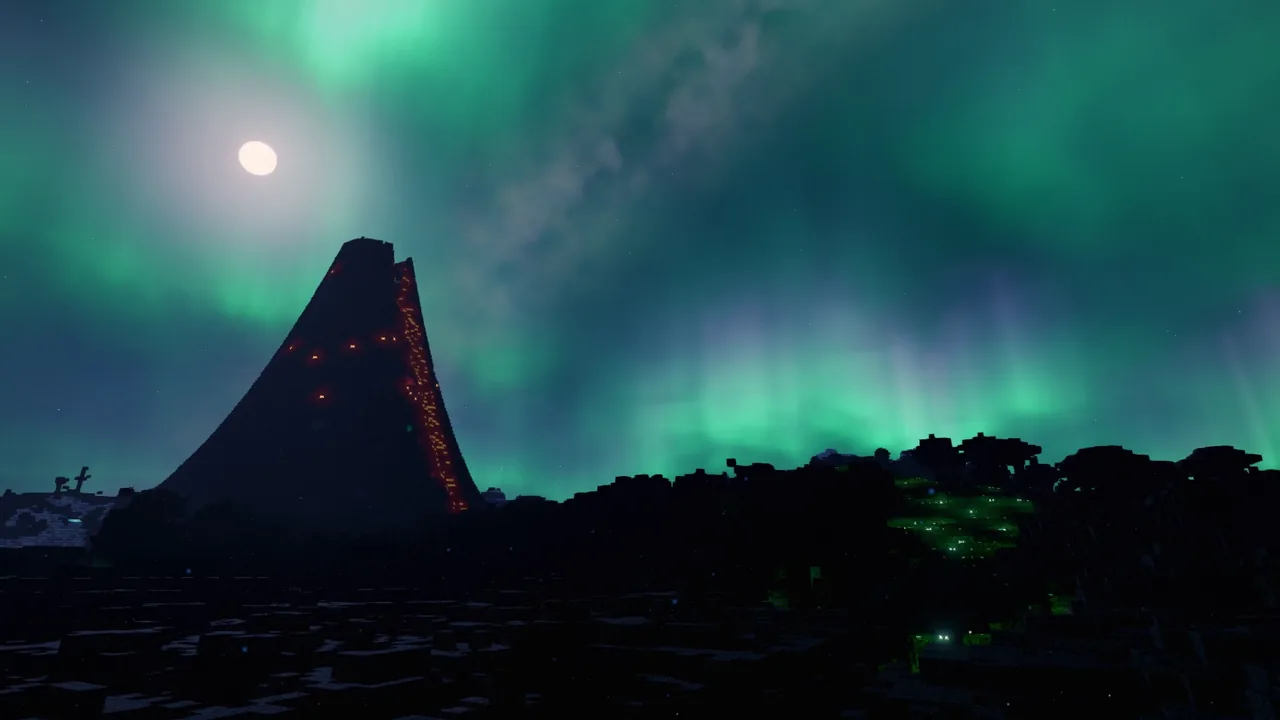 Green aurora over a volcano at night, lava glowing in its flanks