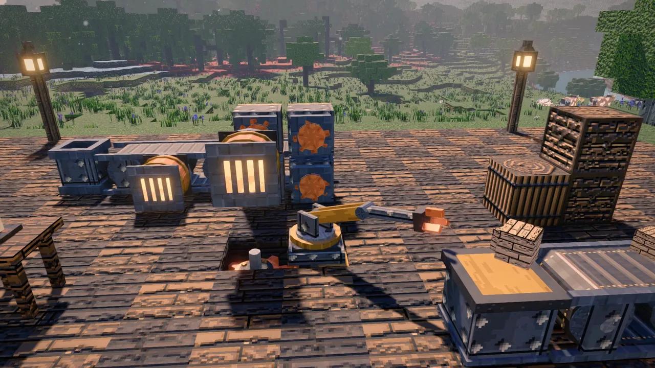 Mechanical arms, depots and crafters working a line on a timber floor