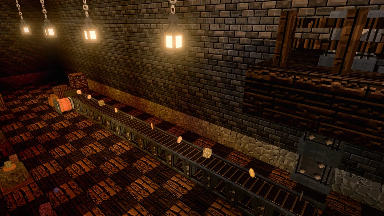 A belt carrying goods through a brick hall lit by hanging lanterns