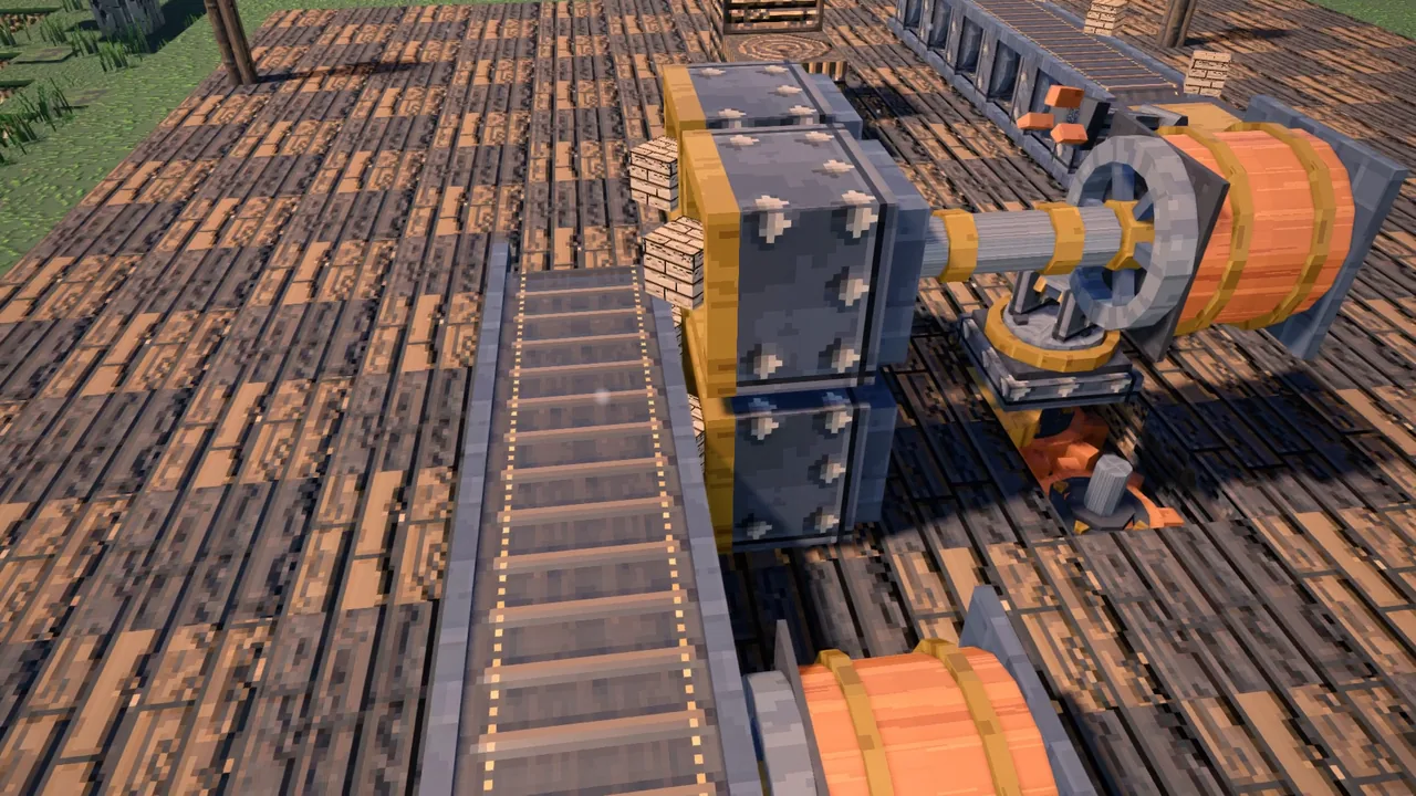 A riveted machine with brass fittings beside a conveyor belt