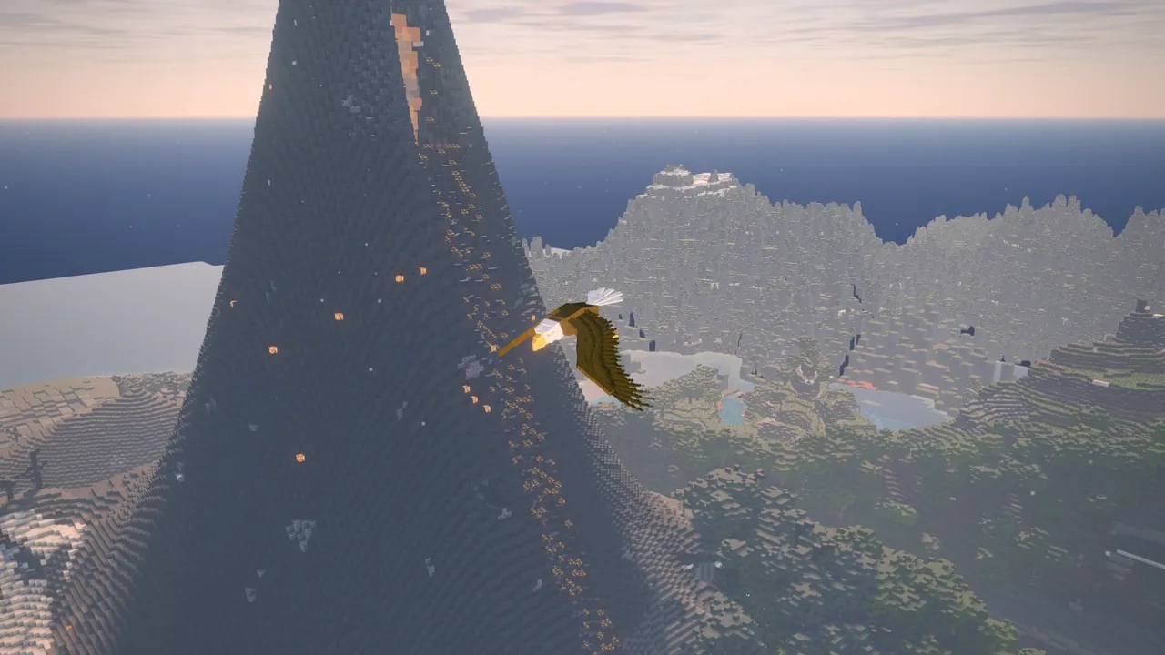 An eagle gliding past the dark flank of a volcano
