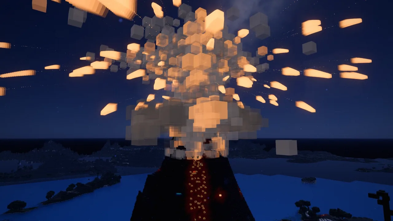 A volcano erupting at night, bombs of rock flying out of the column