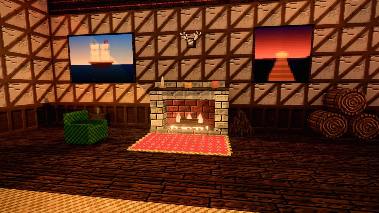 A brick fireplace with a red rug and an armchair, a ship and a sunset hung on the panelled wall above