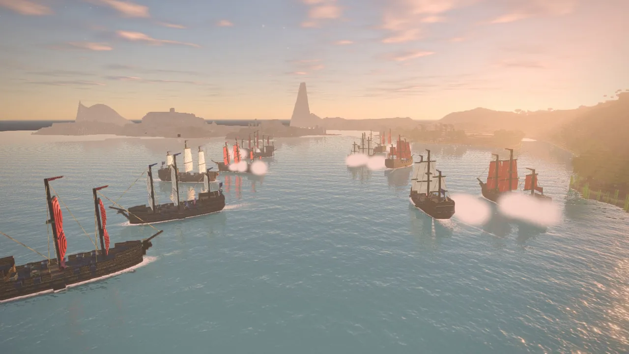 A fleet of galleons under red and white sails on a calm sea, a volcano's spire on the horizon
