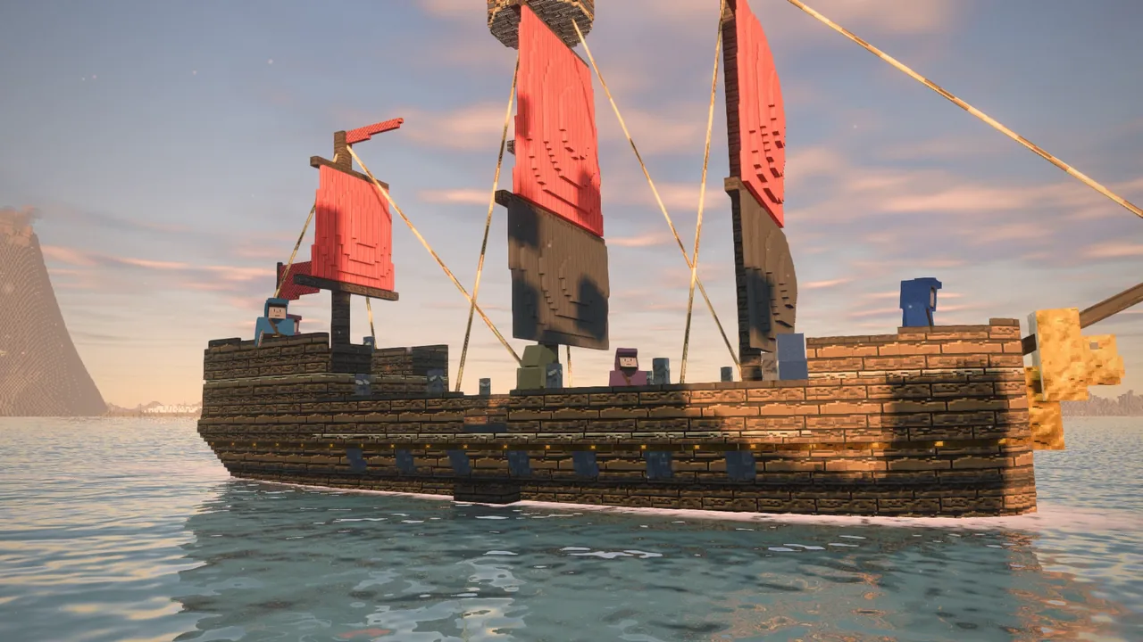 A galleon under red sails, close alongside
