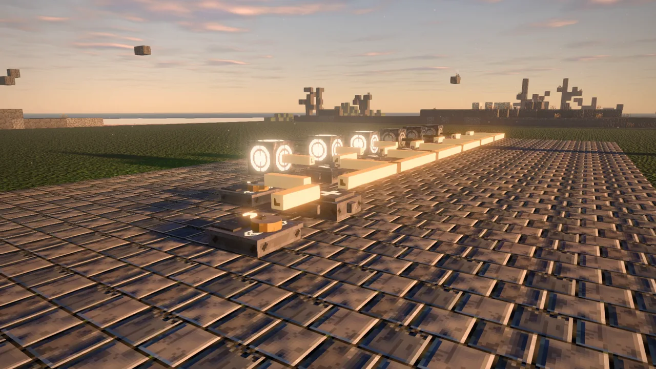 A row of glowing gates on a tiled floor at sunset