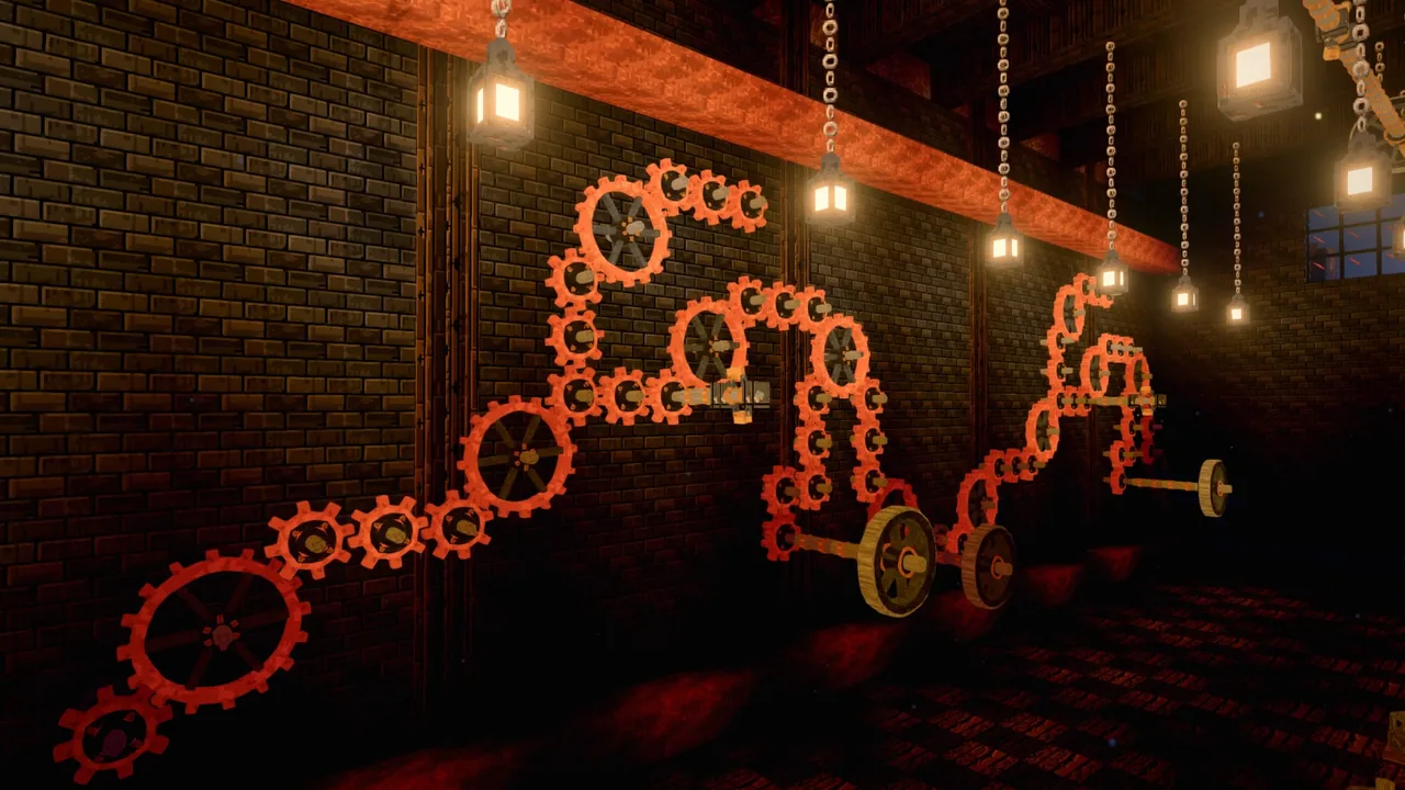 A wall of copper cogs turning together in a lantern-lit workshop