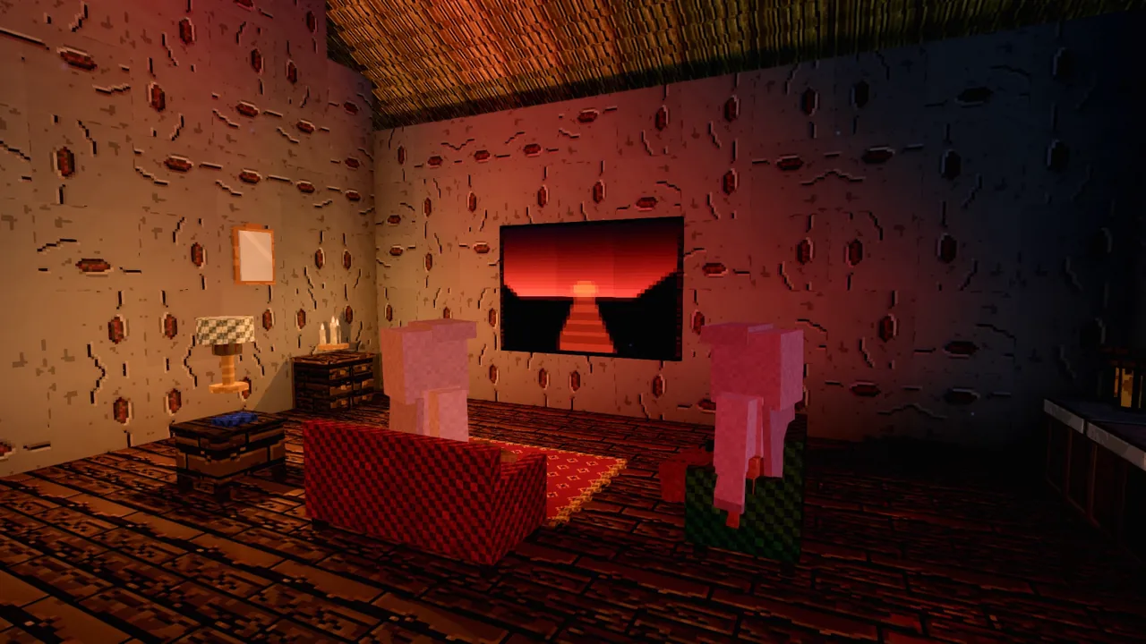 A warm sitting room, a painting of a sunset over the sofa