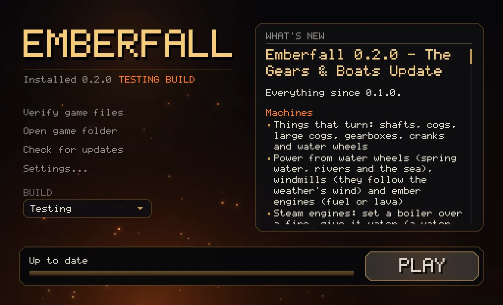 The Emberfall launcher on the Testing build, up to date and ready to play