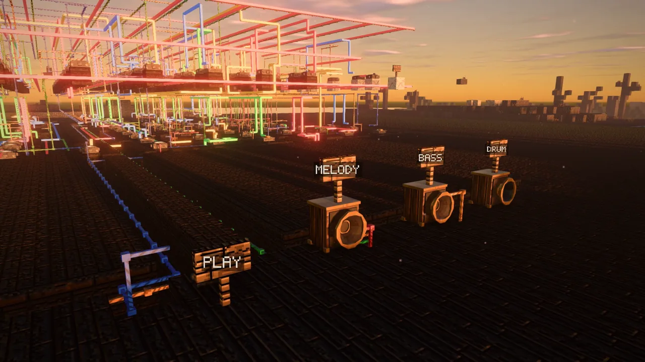 Three speakers labelled melody, bass and drum, wired to a music box at sunset