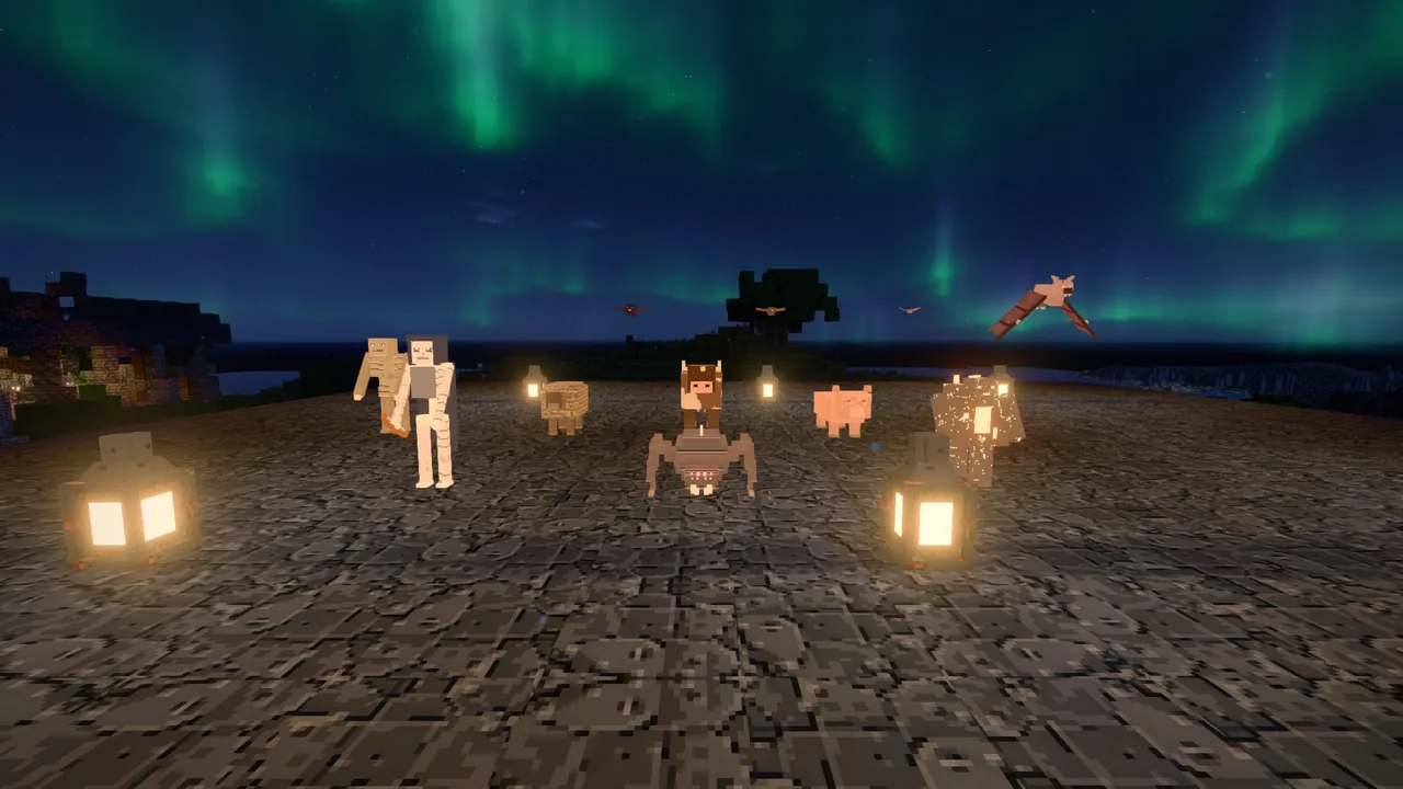 The night's creatures lined up between lanterns under an aurora, with a few farm animals among them