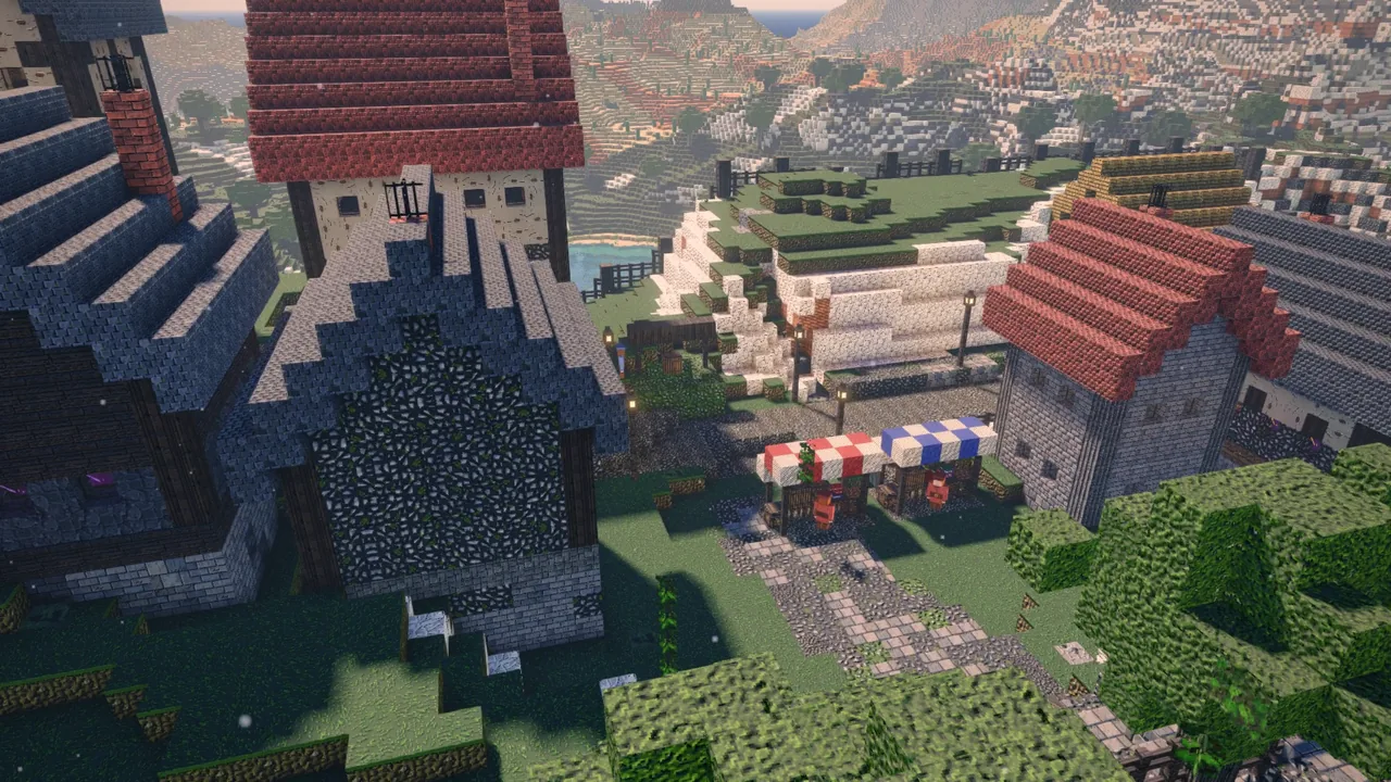 Village rooftops and a market square from above