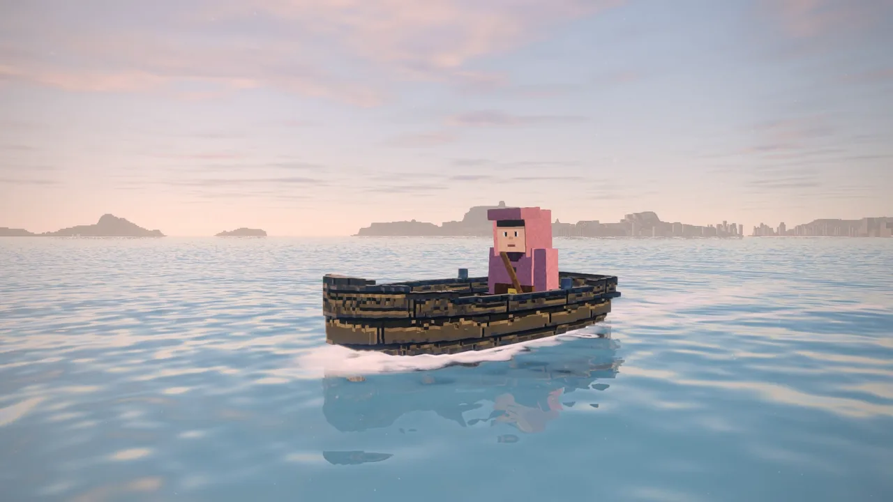A player rowing a small boat across open water toward distant islands