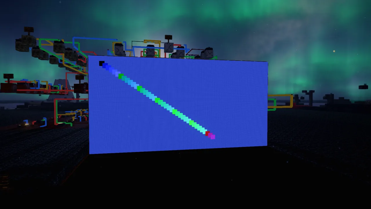 A wall of screens under the aurora, a line being drawn across it by the wires