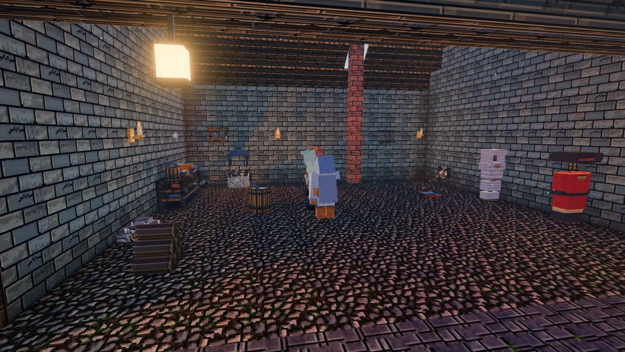 A smithy with a forge and its hood, weapon racks and armour stands