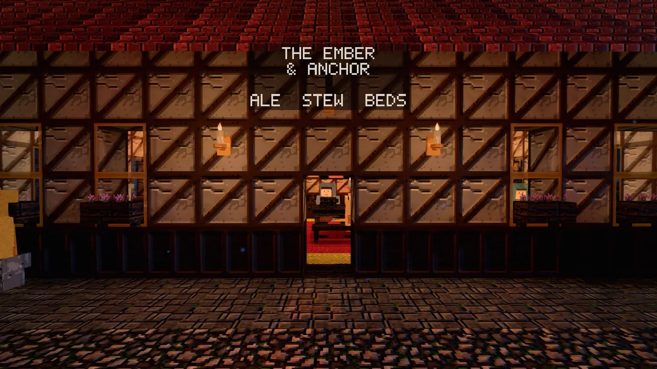 The front of a timber-framed tavern at dusk, its sign reading The Ember & Anchor: ale, stew, beds