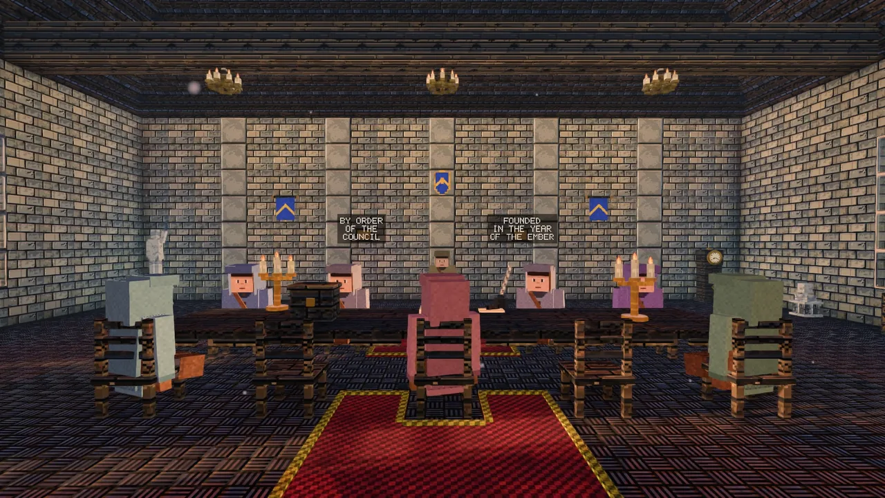 A town hall's council at a long table under candles, banners and maps on the stone walls
