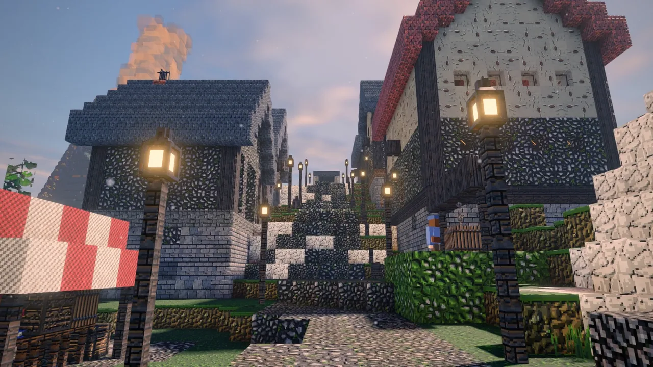 A village street of timber and stone houses with lanterns and market awnings