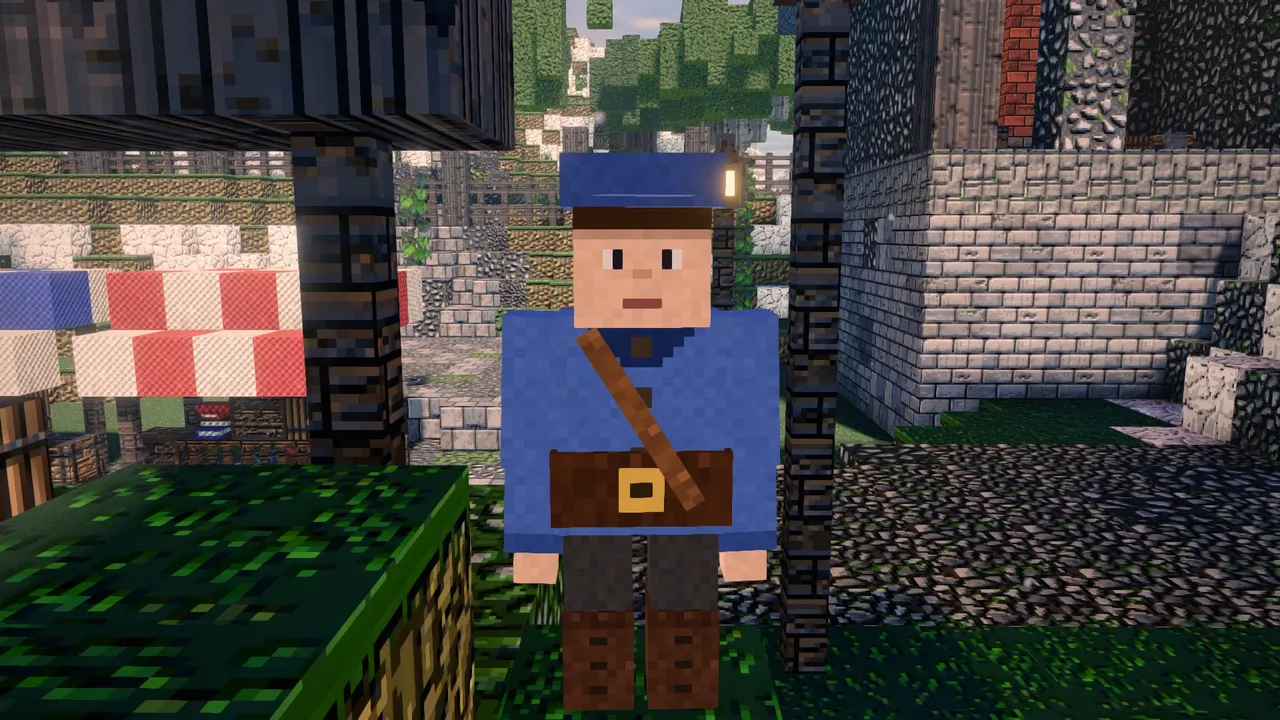 A villager in a blue cap and coat with a satchel, standing in the street